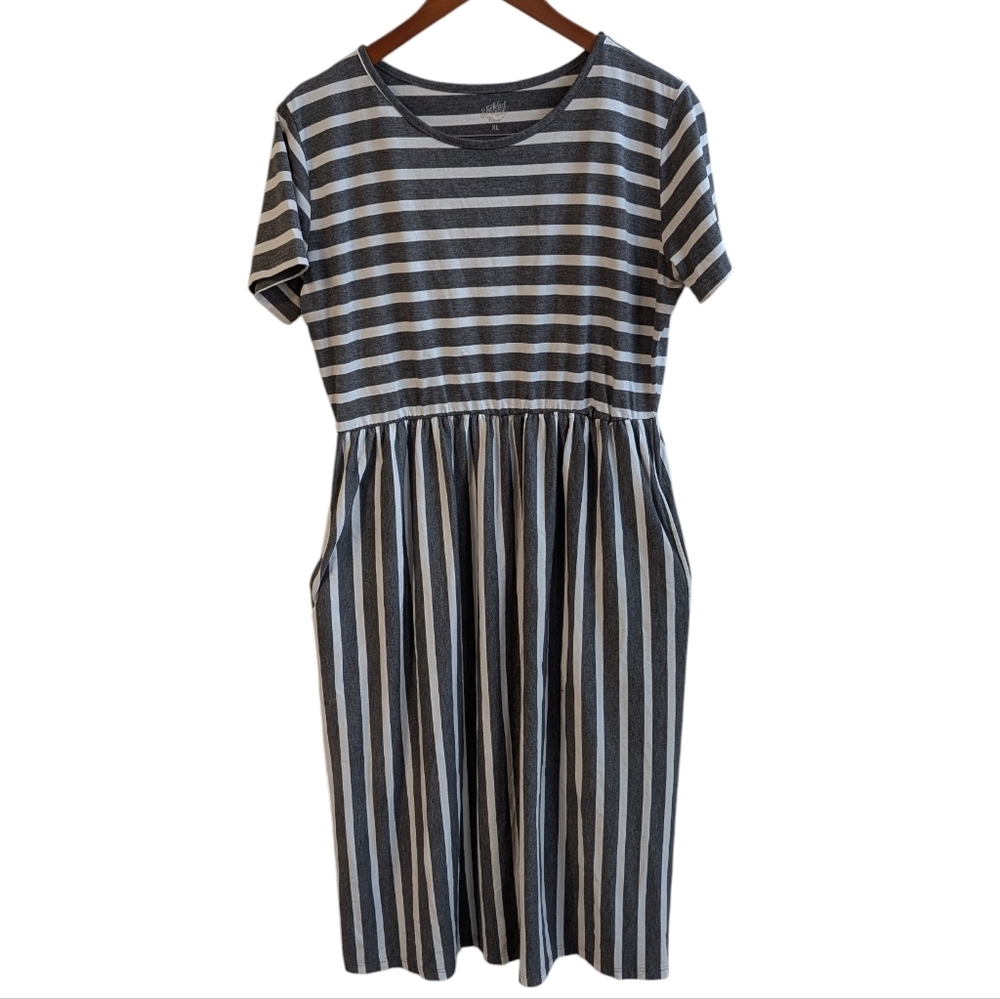 Tickled Teal Grey White Striped Shirt Dress With Pockets Size XL - Picture 1 of 6
